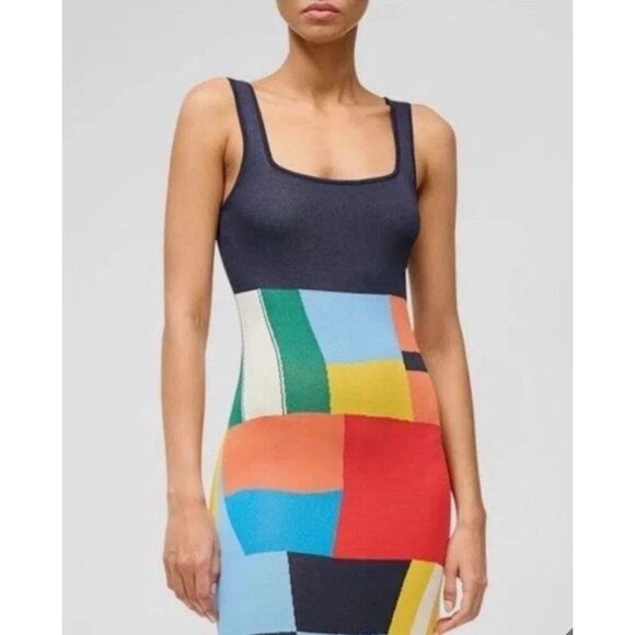 Staud Katie Dress Patch Print Knit Midi Blue Multi Square Neck Sleeveless Sz XS - Picture 2 of 8